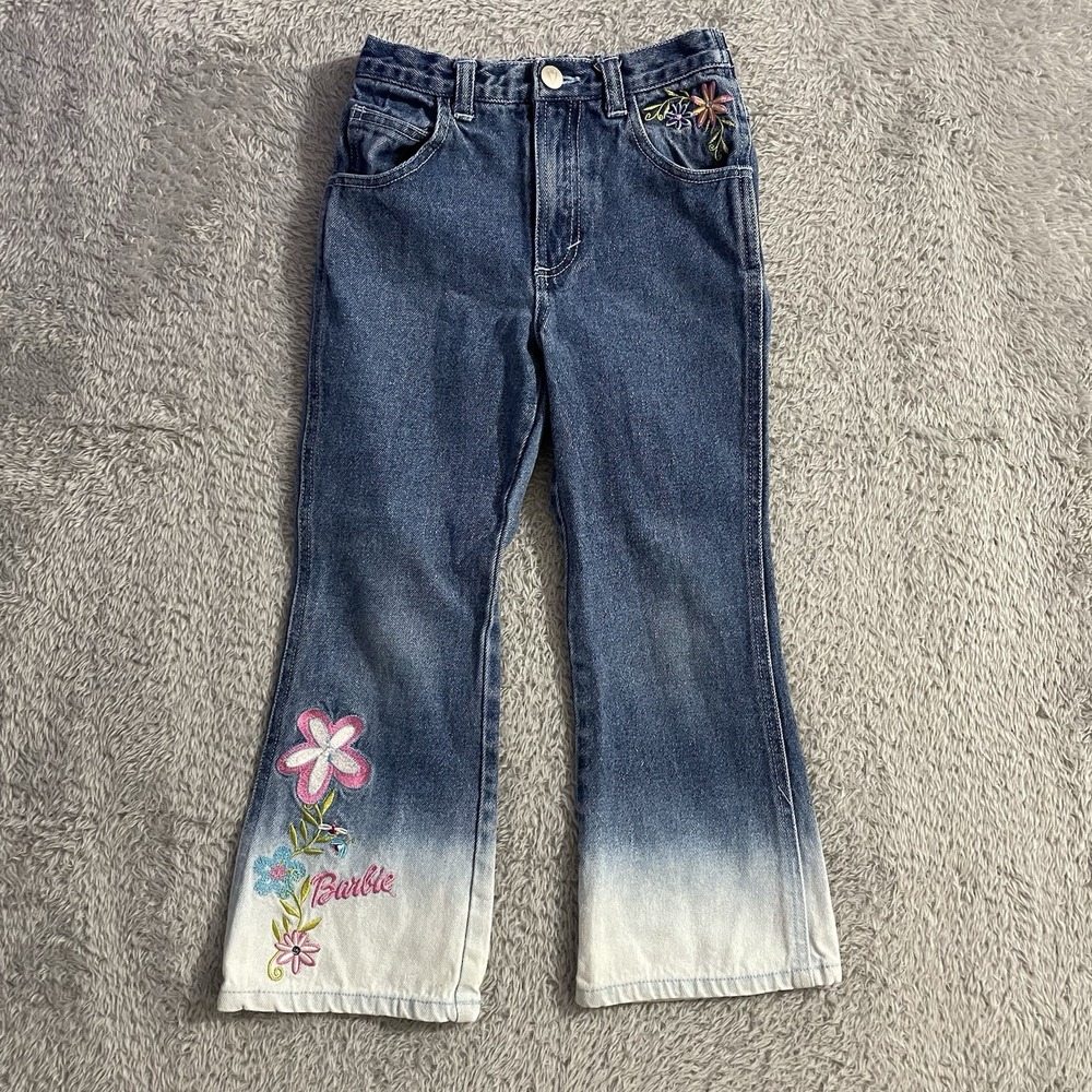 Vintage Barbie Jeans Girls Size 6 Bootcut Flared Blue Denim Bleached Embroidered